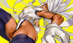  1girl akiyama_youkou animal_ears armpits blue_thighhighs boku_no_hero_academia breasts clenched_teeth covered_navel dark-skinned_female dark_skin fur-trimmed_collar fur_trim gloves highleg highleg_leotard highres knee_up large_breasts leotard long_hair mirko rabbit_ears rabbit_tail red_eyes sleeveless sleeveless_turtleneck smile solo tail teeth thick_thighs thigh-highs thighs turtleneck turtleneck_leotard v-shaped_eyebrows very_long_hair white_gloves white_hair yellow_background 