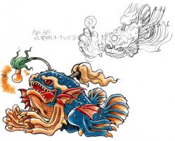  anger_vein anglerfish character_name claws closed_mouth commentary fins fish grey_hair hatsumei_ounamazu head_fins kokomahi light_bulb monster monster_focus multiple_views no_humans official_art open_mouth ponytail red_eyes reference_sheet samurai_evolution_oukoku_geist seaweed sharp_teeth simple_background smile solo speech_bubble spoken_anger_vein teeth tongue white_background 
