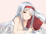  1girl breasts brown_eyes cleavage hairband kantai_collection long_hair lying naked_sheet on_stomach personification pillow pillow_hug shoukaku_(kantai_collection) silver_hair sleepy solo totoki86 under_covers wink 