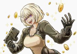  1girl blonde_hair breasts coin cropped_torso finger_on_trigger gloves gold_coin gun handgun holding holding_gun holding_weapon looking_at_viewer medium_breasts murderess_(xenoblade_x) nemimin open_mouth short_hair simple_background solo sparkle teeth upper_body upper_teeth_only violet_eyes weapon white_background white_hair xenoblade_chronicles_(series) xenoblade_chronicles_x 
