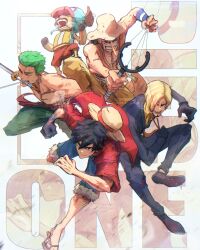  5boys absurdres antlers bag black_hair black_suit blonde_hair blue_shorts cigarette commentary copyright_name earrings facial_hair full_body goatee green_hair haki_(one_piece) hat headphones highres horns incoming_attack instagram_logo instagram_username jewelry long_nose monkey_d._luffy multiple_boys necktie one_eye_closed one_piece red_shirt reindeer_antlers roronoa_zoro sandals sanji_(one_piece) satchel scar scar_across_eye scar_on_face shirt short_hair shorts smile stephengiannart straw_hat straw_hat_pirates suit suspenders tony_tony_chopper topless_male twitter_logo twitter_username usopp weapon_in_mouth yellow_shirt 