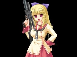  1girl 2000s_(style) black_background blonde_hair blunt_bangs bow breasts collarbone cowboy_shot drill_hair drill_sidelocks game_cg grey_neckerchief gun hair_bow hand_on_own_hip holding holding_gun holding_weapon honoo_no_haramase_tenkousei huge_breasts long_hair long_sleeves looking_at_viewer miyasu_risa neckerchief open_mouth purple_bow red_eyes red_sailor_collar rifle ryuugasaki_reika sailor_collar sailor_shirt school_uniform scope serafuku shirt sidelocks simple_background skirt sniper_rifle solo standing tachi-e tsurime twin_drills v-shaped_eyebrows variant_set very_long_hair weapon yellow_serafuku 