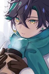  1boy alternate_costume arms_up black_gloves black_hair commentary_request cup diamond-shaped_pupils diamond_(shape) disposable_cup earrings genshin_impact gloves green_hair green_scarf highres holding holding_cup jewelry kinich_(genshin_impact) long_sleeves male_focus multicolored_eyes multicolored_hair necoco112061 parted_bangs parted_lips piercing scarf solo streaked_hair symbol-shaped_pupils upper_body 