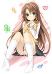  1girl ahoge blush brown_hair clover covering covering_crotch diamond_(symbol) fish four-leaf_clover frown green_eyes hand_on_own_chin hand_on_own_face heart kaguyuu koshigaya_komari long_hair looking_to_the_side non_non_biyori ribbon school_uniform sitting skirt skirt_tug socks solo vest white_background 