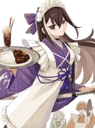  1girl 2boys absurdres anger_vein apron black_eyes black_hair blush brown_hair curry curry_rice fate/grand_order fate_(series) food harada_sanosuke_(fate) highres holding holding_sword holding_tray holding_weapon ice_cream ice_cream_float kawakami_gensai_(fate) kawakami_gensai_(second_ascension)_(fate) long_hair looking_at_viewer maid maid_apron maid_headdress multiple_boys nagatsuki_(huwamo9_8ku) plate rice scabbard sheath short_hair signature sword toudou_heisuke_(fate) tray weapon white_hair 