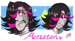  1boy 2017 2d android avimedes black_hair blue_background character_name cropped_head digital_media hair_over_one_eye highres humanoid humanoid_robot male male_focus male_only mettaton mettaton_ex multiple_views pauldrons pink_eyes robot robot_boy short_hair simple_background solo tears text two-tone_background undertale utdr_(toby_fox) white_background 
