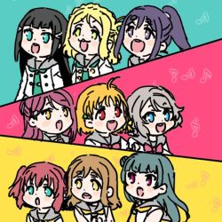  6+girls :3 :d ahoge aqua_eyes aqua_neckerchief black_hair blonde_hair blue_eyes blue_hair bow bowtie braid brown_hair buttons commentary_request crown_braid double-breasted eighth_note green_eyes grey_hair grey_sailor_collar hair_bow hair_bun hair_rings half_updo kunikida_hanamaru kurosawa_dia kurosawa_ruby lone_nape_hair long_hair love_live! love_live!_sunshine!! matsuura_kanan medium_hair multiple_girls musical_note neckerchief ohara_mari open_mouth orange_eyes orange_hair parted_bangs purple_hair red_bow red_bowtie red_eyes red_hair sailor_collar sakurauchi_riko school_uniform shinanoya_(satanicad) shirt side_braid sidelocks single_hair_ring single_side_bun smile takami_chika teeth tsushima_yoshiko two_side_up upper_teeth_only uranohoshi_school_uniform violet_eyes watanabe_you white_shirt winter_uniform yellow_bow yellow_neckerchief 