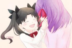  2girls aged_down dress fate/stay_night fate_(series) heaven&#039;s_feel holding long_sleeves matou_sakura multiple_girls non-web_source open_mouth parted_bangs short_hair siblings sisters smile tohsaka_rin twintails 