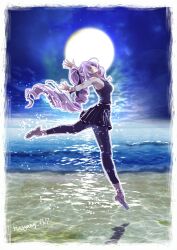  1girl artist_name bare_shoulders beach black_ribbon black_shirt black_skirt border breasts curly_hair dancing full_body full_moon hair_ribbon highres long_hair macross macross_delta medium_breasts mikumo_guynemer moon night night_sky outstretched_arms ponytail purple_hair ribbon ryu_(masu_nantoka-san) shirt sideboob skirt sky solo white_border 
