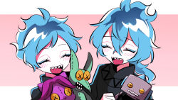  4boys blue_hair bomuchi character_request fiery_hair hair_between_eyes hercules_(1997_movie) highres idia_shroud long_hair long_sleeves looking_at_viewer makeup male_focus multiple_boys ortho_shroud pain_(disney) panic_(disney) robot shirt short_hair simple_background twisted_wonderland yellow_eyes 