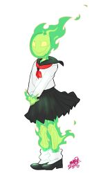  1girl 2017 2d avimedes black_skirt digital_media elemental_(creature) female female_only fire fire_elemental fuku_fire full_body green_fire monster monster_girl neckerchief own_hands_together red_neckerchief school_uniform serafuku simple_background skeleton skirt solo standing transparent_background undertale utdr_(toby_fox) variant_set 
