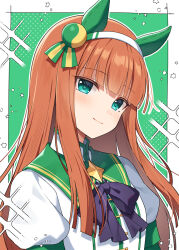  1girl animal_ears aqua_eyes black_bow blush border bow brown_hair closed_mouth commentary_request green_background hairband horse_ears jacket layered_sleeves long_hair long_sleeves looking_at_viewer mauve polka_dot polka_dot_background puffy_short_sleeves puffy_sleeves short_over_long_sleeves short_sleeves silence_suzuka_(innocent_silence)_(umamusume) silence_suzuka_(umamusume) smile solo sparkle umamusume upper_body white_border white_hairband white_jacket 