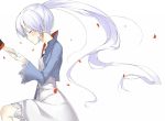  1girl closed_eyes dress feng_ze kneeling long_hair petals ponytail rwby solo weiss_schnee white_hair wind 