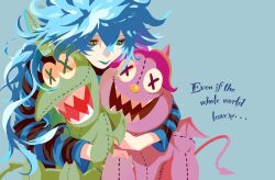  1boy absurdres blue_hair blue_lips character_doll doll fiery_hair hair_between_eyes hercules_(1997_movie) highres idia_shroud jacket long_hair long_sleeves looking_at_viewer makeup male_focus pain_(disney) panic_(disney) sharp_teeth short_hair simple_background solo teeth twisted_wonderland user_vnvx2574 very_long_hair yellow_eyes 