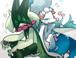  1girl 1other animal_hands blue_eyes blue_hair cape claws closed_eyes colored_eyelashes fang furry furry_female gem green_fur green_hair hair_ornament long_hair looking_at_viewer mask meowscarada mermaid monster_girl multi-tied_hair open_mouth pawpads pearl_(gemstone) pearl_hair_ornament pink_nose pokemon pokemon_(creature) primarina sea_lion short_hair short_tail simple_background sitting skin_fang snout squeans sstoh starfish_hair_ornament tail two-tone_fur upper_body white_background yawning 