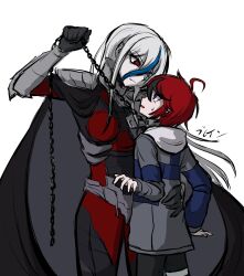  1boy 1girl ahoge armor artist_name assertive_female black_hair blue_eyes blue_hair cape chain chain_leash facial_mark gorget hand_on_another&#039;s_back hetero highres holding holding_chain hood hooded_jacket jacket kb_314 leash long_hair looking_at_another multicolored_hair red_eyes red_hair short_hair shoulder_armor streaked_hair sumino_takumi the_hundred_line_-last_defense_academy- v&#039;ehxness violet_eyes white_hair 