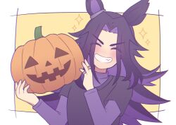  1girl animal_ears bandaid bandaid_on_finger bandaid_on_hand black_hair black_shirt blush closed_eyes facing_viewer fenomeno_(umamusume) grin highres holding holding_pumpkin horse_ears horse_girl long_hair long_sleeves multicolored_hair open_mouth pumpkin purple_hair purple_shirt shirt shirt_under_shirt short_sleeves smile solo star_(symbol) teeth umamusume upper_body w3n6e 
