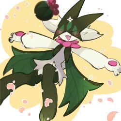  :d animal_hands blush closed_eyes fang flower full_body furry green_fur green_hair looking_at_viewer meowscarada open_mouth other_focus outstretched_arms pawpads pink_flower pink_petals pokemon pokemon_(creature) short_hair short_tail simple_background smile solo sstoh standing tail two-tone_fur yellow_background 
