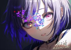  1girl bang_dream! bang_dream!_it&#039;s_mygo!!!!! black_choker blue_hair blush chinese_commentary choker colored_inner_hair commentary_request earrings glitch grey_hair highres jewelry looking_at_viewer multicolored_hair o-ring o-ring_choker parted_lips portrait purple_hair short_hair solo yuutenji_nyamu zhangji318969 