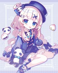  1girl :3 blonde_hair blue_boots blue_bow blue_bowtie blue_dress blue_eyes blue_hat blunt_bangs blush boots bow bowtie braid bubble_tea closed_mouth commentary_request cup dot_nose dress frilled_dress frills full_body hair_bow hair_ornament hat highres holding holding_cup long_sleeves looking_at_viewer original panda saijo1201 sitting smile solo tongue tongue_out twin_braids wariza x_hair_ornament 