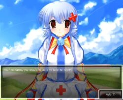  1girl 2000s_(style) animal_ears bangs bell bell_collar blue_hair blue_sky brown_eyes canihavepromo day dokemo english english_text fake_screenshot female grass hair_ornament light_blue_hair long_bangs looking_at_viewer mountain multicolored_clothes multicolored_sleeves original outdoors pale_skin path red_cross shirt short_hair sky solo talking text visual_novel white_shirt 