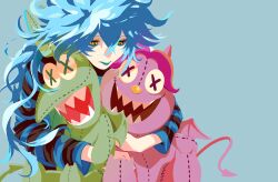  1boy absurdres blue_hair blue_lips character_doll doll fiery_hair hair_between_eyes hercules_(1997_movie) highres idia_shroud jacket long_hair long_sleeves looking_at_viewer makeup male_focus pain_(disney) panic_(disney) sharp_teeth short_hair simple_background solo teeth twisted_wonderland user_vnvx2574 very_long_hair yellow_eyes 