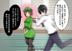  1boy 1girl black_hair black_pantyhose bowler_hat brown_hair closed_eyes faceless faceless_male floating_hair from_side green_hat green_jacket hair_between_eyes hat hayakawa_tazuna indoors jacket king_kouta long_hair long_sleeves motion_blur motion_lines necktie open_mouth own_hands_together pants pantyhose partially_shaded_face running shirt short_hair skirt skirt_suit smile sparkle speed_lines suit trainer_(umamusume) translation_request umamusume 