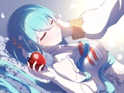  1girl 1other apple aqua_hair blush breasts closed_eyes detached_sleeves dress food fruit hand_on_another&#039;s_cheek hand_on_another&#039;s_face hatsune_miku highres holding holding_food holding_fruit long_hair long_sleeves lying medium_breasts on_back parted_lips shiroi_yuki_no_princess_wa_(vocaloid) sleeveless sleeveless_dress twintails upper_body very_long_hair vocaloid yomomo14 