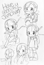  :d :o :| backpack bare_shoulders bell_collar bucket canihavepromo character_name collar detached_sleeves english flat_chest from_side glasses hair_ornament headphones holding holding_bucket jamchan leg_warmers letter letter_hair_ornament loli medium_hair monochrome multiple_persona onomatopoeia open_mouth polka_dot polka_dot_swimsuit simple_background sketch splashing swimsuit tank_top text traditional_media twintails undershirt water white_background young 