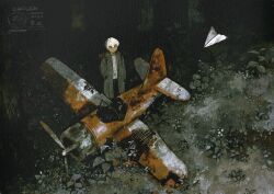  1boy aircraft airplane closed_mouth coat commentary_request dark-skinned_male dark_skin expressionless highres jimini_shijimi long_sleeves night open_clothes open_coat original outdoors paper_airplane plant propeller scenery shirt short_hair solo standing very_short_hair watermark white-haired_man_(jimini_shijimi) white_hair white_shirt wreckage 