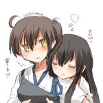  2girls akagi_(kantai_collection) blush brown_hair closed_eyes kaga_(kantai_collection) kantai_collection long_hair lowres multiple_girls open_mouth rebecca_(keinelove) short_hair sweat yellow_eyes 