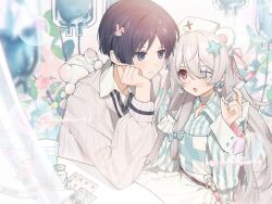  1boy 1girl animal_ears animal_on_back apron aqua_bow artist_request bandaged_neck bandages bear bear_ears black_hair black_necktie blunt_ends blush bow bow_earrings casual closed_mouth collared_shirt commission commissioner_insert contemporary couple cross cross_print earrings elbow_rest eyelashes flying_sweatdrops frilled_apron frills genshin_impact glass hair_between_eyes hair_ornament hair_ribbon hand_on_own_face hand_up hat hayami_momo_(hayamimomo) head_rest hetero highres holding holding_syringe intravenous_drip jewelry lens_flare long_hair long_sleeves looking_at_another mole mole_under_eye necktie nurse nurse_cap oc_x_canon open_mouth original pill pink_eyes pink_ribbon ribbed_sleeves ribbed_sweater ribbon scaramouche_(genshin_impact) second-party_source shirt sparkle striped_clothes striped_necktie striped_shirt striped_sleeves sweater syringe undershirt violet_eyes white_apron white_hair white_hat white_shirt white_sweater wispy_bangs x_hair_ornament 
