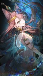  1girl :d absurdres animal_ears ankh ankh_necklace aqua_eyes arknights armlet aura bare_shoulders blue_flower bracelet brown_hair brown_tail commentary cowboy_shot dress ear_piercing earrings english_commentary fang floating_hair flower gem glint gold gold_earrings gold_jewelry green_flower hair_flower hair_ornament highres jewelry light_blush light_particles light_smile long_hair looking_at_viewer official_alternate_costume open_mouth pepe_(arknights) pepe_(nuit_of_the_nightsky)_(arknights) piercing smile solo standing tail white_dress xing_(gloryxing) 