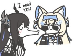  2girls :3 absurdres animal_ears asymmetrical_horns bandaid bandaid_hair_ornament black_hair blue_hair closed_mouth dog_ears fuwawa_abyssgard fuwawa_abyssgard_(1st_costume) hair_ornament hairband highres hololive hololive_english horns incoming_kiss jacket long_hair maomao_evading_jinshi&#039;s_kiss_(meme) meme miyaoo1224 multicolored_hair multiple_girls nerissa_ravencroft spot_color streaked_hair two-tone_hair upper_body virtual_youtuber 