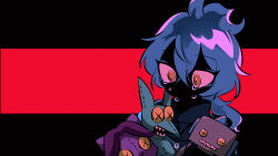  3boys blue_hair bomuchi character_request fiery_hair hair_between_eyes hercules_(1997_movie) highres idia_shroud long_hair long_sleeves looking_at_viewer makeup male_focus multiple_boys pain_(disney) panic_(disney) robot shirt short_hair simple_background twisted_wonderland yellow_eyes 