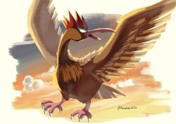  absurdres animal_focus beak bird clouds fearow flying highres multiple_tails no_humans noahzark1212 open_mouth outdoors pokemon pokemon_(creature) pokemon_focus sky tail wings 