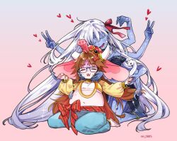  2girls artist_name blue_skin brown_hair colored_skin double_v elephant_hat extra_arms fat fate/grand_order fate_(series) ganesha_(fate) glasses gradient_background heart highres hug hug_from_behind jewelry jinako_carigiri kali_(fate) long_hair midriff multiple_girls navel ran_(ran_0605) ring snake third_eye v very_long_hair white_hair 