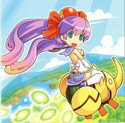 1girl 1other :d absurdres aqua_eyes artist_request ass back backless backless_outfit bare_shoulders beetle black_choker blue_eyes blue_skirt blush breasts choker cloud day detached_sleeves from_side headwear highres insect long_hair looking_at_viewer mushihime-sama open_mouth purple_hair reco red_headwear ribbon skirt sky thighhighs twintails white_ribbon white_sleeves white_thighhighs