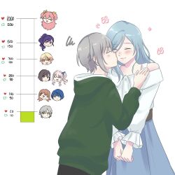  1boy 1other 6+girls absurdres akiyama_mizuki blue_eyes blue_hair blue_skirt brown_eyes brown_hair closed_mouth commentary english_commentary green_hoodie grey_hair hanasato_minori hand_on_another&#039;s_shoulder highres hinomori_shiho hinomori_shizuku hood hoodie kiritani_haruka kiss kiss_meter_(meme) kissing_cheek long_hair long_sleeves meme momoi_airi multiple_girls orange_hair pink_hair project_sekai purple_hair shinonome_ena shirt shizusawas short_hair side_ponytail simple_background skirt smile squiggle tenma_tsukasa two_side_up violet_eyes white_background white_shirt yuri 