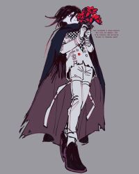  1boy black_cape black_hair bouquet buttons cape checkered_clothes checkered_scarf danganronpa_(series) danganronpa_v3:_killing_harmony english_commentary expressionless ff9900 flipped_hair flower full_body grey_background hair_between_eyes highres holding holding_bouquet long_sleeves male_focus multicolored_buttons oma_kokichi pants purple_hair red_flower scarf short_hair simple_background solo standing thigh_strap torn_cape torn_clothes translation_request two-tone_scarf violet_eyes 