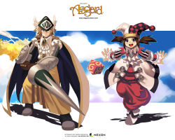  1boy 1girl argyle_clothes argyle_hat artist_request ascot asgard belt black_gemstone black_hat black_mouth black_sleeves blonde_hair blue_cape blue_sky branch brooch brown_belt brown_gloves brown_hair brown_shoes buttons cape clouds coat collared_shirt company_name copyright_name copyright_notice cube dress_shirt fighting_stance floating floating_object frown full_body gem gloves grey_eyes grey_gemstone grey_pupils hat helmet impasto jester_cap jewelry jumpsuit lace-trimmed_ascot lance legs_apart letterboxed light_frown logo long_skirt looking_at_viewer multicolored_hat neck_ruff nexon official_art official_wallpaper onesie open_hands open_mouth outstretched_arms plain_epaulettes pointy_shoes polearm puffy_sleeves purple_pupils red_hat red_jumpsuit red_wrist_cuffs rerebrace second-party_source shadow shirt shoes sidelocks silver_armor simple_background skirt sky spread_arms standing striped_clothes teeth tongue twintails two-sided_cape two-sided_fabric two-tone_sleeves upper_teeth_only vambraces vertical-striped_clothes vertical-striped_sleeves violet_eyes walking_towards_viewer weapon web_address white_ascot white_coat white_hat white_shirt white_shoes white_sleeves white_wings wing_collar winged_helmet wings wrist_cuffs wrist_guards yellow_cape yellow_leaves yellow_skirt 