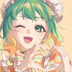  1girl blush bonnet bow eyelashes frilled_bonnet frills green_eyes green_hair gumi happy hashtag-only_commentary heart heart_hands highres looking_at_viewer maid maid_headdress multicolored_hair one_eye_closed open_mouth orange_background orange_hair portrait short_hair sidelocks smile soikaiso solo striped_bow two-tone_hair vocaloid 