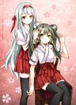  2girls :o absurdres artist_name black_legwear brown_eyes brown_hair chair hair_ribbon hairband hairdressing highres japanese_clothes kantai_collection long_hair looking_up multiple_girls personification ribbon shoukaku_(kantai_collection) silver_hair sitting smile standing thigh-highs twintails youme zuikaku_(kantai_collection) 