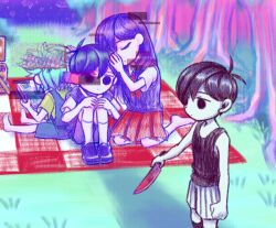  1girl 3boys antenna_hair barefoot basil_(headspace)_(omori) basil_(omori) black_eyes black_hair black_shoes black_socks black_sweater_vest black_tank_top blue_overalls book brother_and_sister brown_shorts checkered_blanket closed_eyes closed_mouth collared_shirt colored_skin day double-parted_bangs dual_persona flower flower_wreath glitch grass green_hair green_shirt hair_between_eyes hand_on_another's_head hands_on_own_knees head_wreath headpat holding holding_book holding_knife kneehighs kneeling knees_up knife laser-lance long_hair looking_at_another mari_(headspace)_(omori) mari_(omori) multiple_boys neckerchief omori omori_(omori) outdoors overall_shorts overalls picnic_basket picnic_blanket pleated_skirt purple_sky purple_sweater_vest red_neckerchief red_skirt scrapbook shirt shoes short_hair short_sleeves shorts siblings sidelocks sitting skirt sky socks striped_clothes striped_shorts sunny_(omori) sweater_vest t-shirt tank_top tree vertical-striped_clothes vertical-striped_shorts white_shirt white_shorts white_skin white_socks 