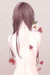  1girl back brown_hair flower highres long_hair original sekii simple_background solo topless 