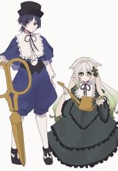  1boy 1girl alternate_hair_length alternate_hairstyle aomattya arms_at_sides asymmetrical_sidelocks black_hat black_shoes blue_capelet blue_pants blunt_ends blush bow bright_pupils capelet closed_mouth collar colored_inner_hair colored_tips cosplay cross-shaped_pupils crossdressing crossdressing_(mtf) dress eyelashes footwear_bow frilled_collar frilled_dress frilled_sleeves frills full_body genshin_impact gradient_hair green_dress green_eyes green_hair green_sleeves hair_between_eyes hair_intakes hands_up hat headscarf height_difference highres holding holding_scissors holding_watering_can lace_lappet lappet layered_sleeves long_hair long_sleeves looking_at_viewer multicolored_hair nahida_(genshin_impact) pants pantyhose parody parted_bangs pointy_ears puffy_pants purple_hair rozen_maiden scaramouche_(genshin_impact) scissors shoes sidelocks smile souseiseki split_mouth string suiseiseki symbol-shaped_pupils tareme top_hat tsurime very_long_hair violet_eyes watering_can white_background white_collar white_hair white_headscarf white_pantyhose white_pupils white_sleeves wispy_bangs yellow_pupils 