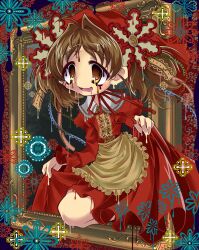  1girl ahoge apron brown_apron brown_eyes brown_hair buttons clothes_lift collar commentary_request dress dress_lift dripping frilled_sleeves frills hair_intakes headdress highres juliet_sleeves knee_up lace_collar lifting_own_clothes long_sleeves medium_hair neck_ribbon open_mouth original painting_(object) picture_frame puffy_sleeves red_dress red_headdress red_ribbon ribbon smile solnpass solo through_medium through_painting twintails white_collar 