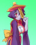 1girl blush breasts chinese_clothes cleavage cleavage_cutout flying_sweatdrops hat jiangshi large_breasts lei_lei ofuda purple_hair short_hair solo ueyama_michirou vampire_(game) violet_eyes 