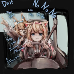  2girls ambulance_interior animal_ear_fluff animal_ears blonde_hair blue_hair car_interior dog_ears dog_girl dog_tail driving fur_trim fuwawa_abyssgard fuwawa_abyssgard_(1st_costume) hair_ornament highres hololive jacket long_hair long_sleeves mococo_abyssgard mococo_abyssgard_(1st_costume) multicolored_hair multiple_girls nymph_rhythm open_mouth pointing red_hair seatbelt short_hair shouting sound_effects steering_wheel tail virtual_youtuber x_hair_ornament 