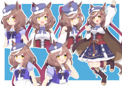 1girl absurdres animal_ears arm_up belt_bag blue_hat blue_skirt blush boots bow breasts brown_boots brown_hair center_frills closed_mouth clothing_cutout corset ear_ornament ears_through_headwear frills hair_ornament hairclip hat highres hirabetsu horse_ears horse_girl horse_tail long_sleeves looking_at_viewer matikanetannhauser_(panpaka_tiltott)_(umamusume) matikanetannhauser_(umamusume) medium_breasts medium_hair multicolored_hair newsboy_cap open_mouth puffy_short_sleeves puffy_sleeves purple_bow purple_shirt red_corset sailor_collar sailor_shirt school_uniform shirt short_sleeves shoulder_cutout simple_background skirt smile socks streaked_hair tail tilted_headwear tracen_school_uniform umamusume white_sailor_collar white_shirt white_skirt yellow_eyes 